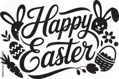 Happy Easter vector illustration with bunnies and eggs flat design