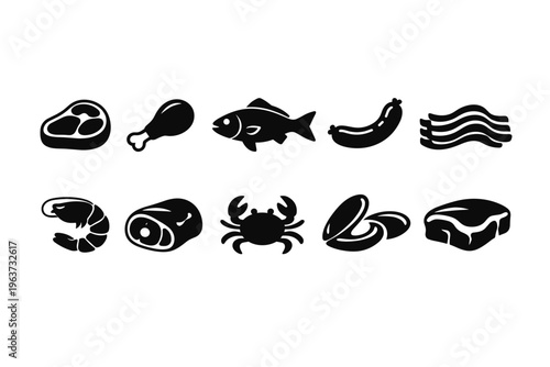 Collection of diverse food icons including meat, seafood, and poultry