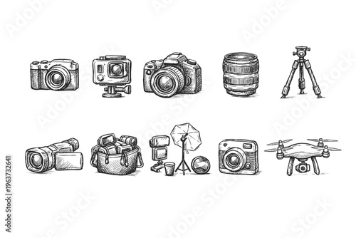 Collection of hand-drawn photography equipment and accessories on a white background