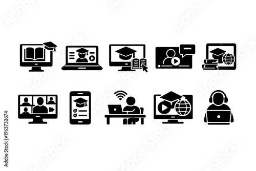 Collection of digital learning and online education icons on a white background