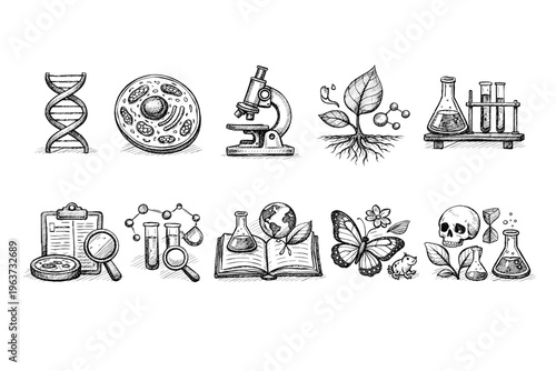 Collection of hand-drawn science and nature icons for educational and research themes