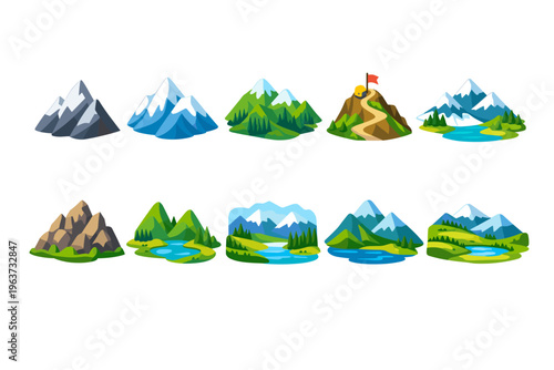 Collection of stylized mountain landscapes with lakes and forests