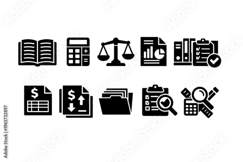Collection of business and finance icons representing accounting, analysis, and legal matters
