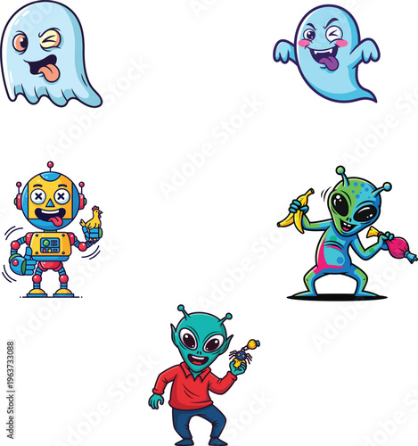 Funny Cartoon Characters Set – Ghost, Robot and Alien with Silly Expressions Illustration