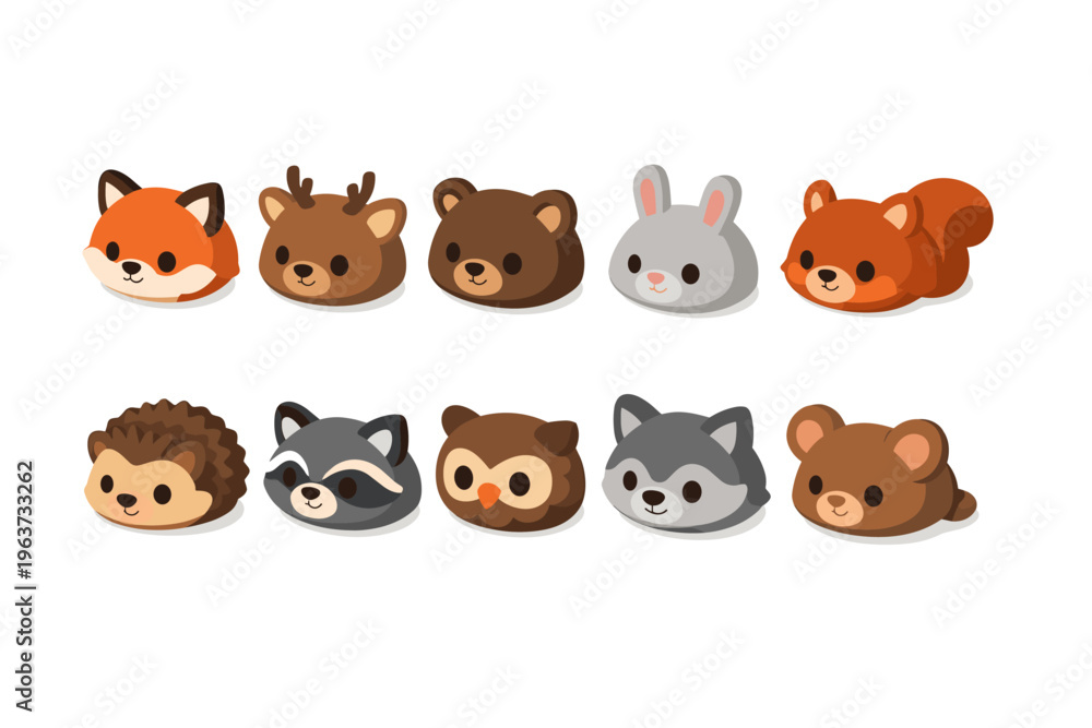 Obraz premium Collection of cute cartoon forest animal heads with simple flat design