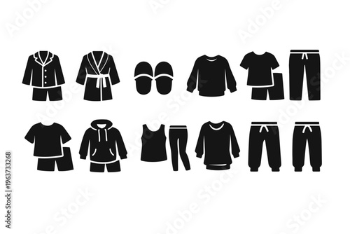 Collection of black icons representing various sleepwear and loungewear items