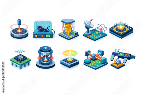 Collection of futuristic scientific experiment icons and futuristic technology concepts