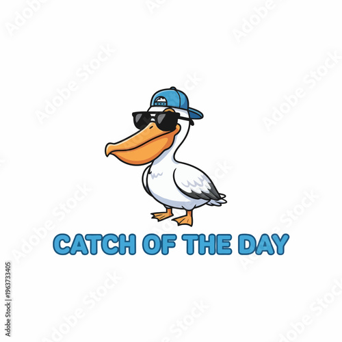 Cartoon Pelican Wearing Sunglasses Baseball Cap.
