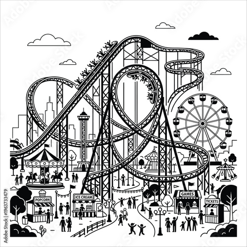 Funfair Day: A Detailed Silhouette of an Amusement Park with Visitors