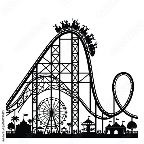 Amusement Park Silhouette: Roller Coaster, Ferris Wheel, and Carousel