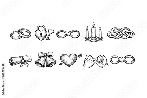 Collection of hand-drawn wedding and love symbols in sketch style