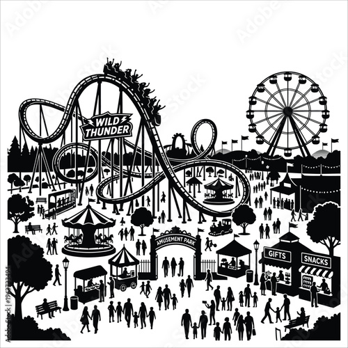 Detailed Theme Park Skyline and Midway - Coaster, Ferris Wheel, Carousel