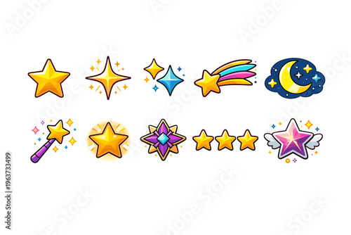 Collection of cartoon stars, shooting star, moon, and magic wand icons