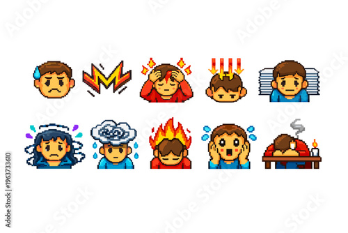 Pixel art collection of stressed and overwhelmed characters showing various emotions