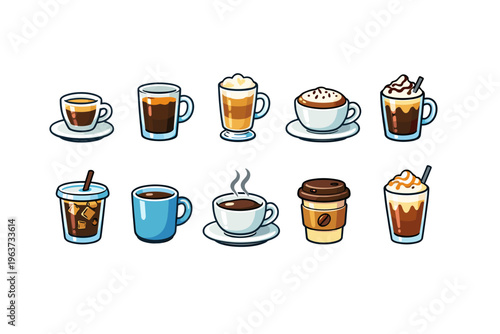 Collection of diverse coffee drinks in cartoon style, perfect for menus and illustrations