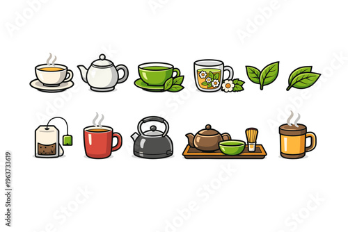 Collection of charming tea-related icons including teapots, cups, and leaves