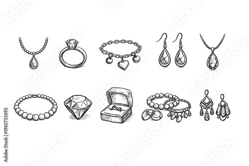 Collection of hand-drawn jewelry sketches including necklaces, rings, and earrings