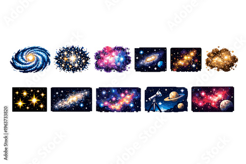 Pixel art collection of vibrant galaxies, stars, and planets in deep space