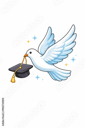 A cartoon white dove flying and carrying a black graduation cap with a gold tassel in its beak, surrounded by small sparkles.