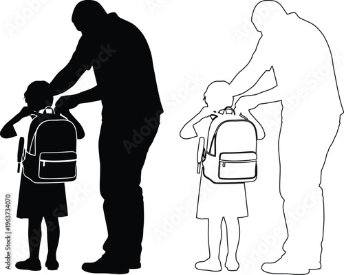 Adult Helping Child Put On School Backpack Silhouette Illustration