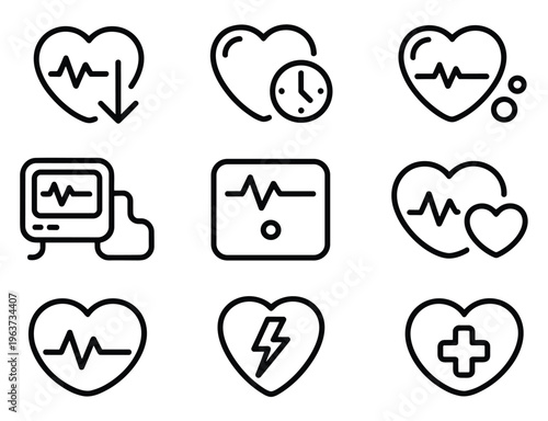 Set of nine black and white line depicting heart health medical monitoring and cardiology symbols on a white background