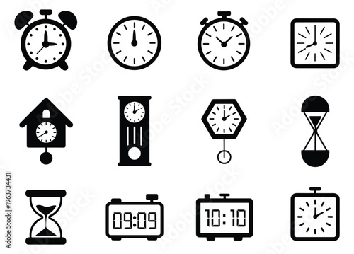 Set of twelve black and white clock including alarm clocks wall clocks stopwatches cuckoo clocks grandfather clocks hourglasses and digital clocks on a white background