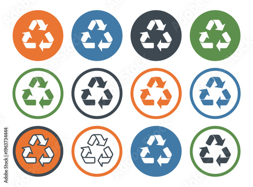 Twelve circular featuring white and colored recycle symbols arranged in a grid pattern on a white background with orange blue green and dark grey color variations