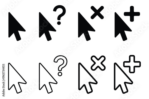 Set of black computer mouse cursor arrow with question mark cross and plus symbols in solid and outline styles on a white background