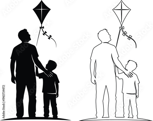 Father and Child Flying Kites Together in Silhouette Style