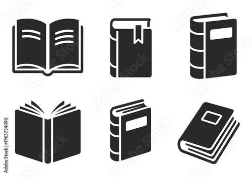 Set of six black and white book featuring open and closed volumes with bookmarks and spine details in a flat style