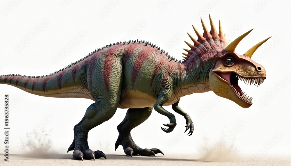 Fototapeta premium Fierce dinosaur roars with sharp teeth and horns. This powerful prehistoric creature walks on sandy ground. Illustration of extinct animal, paleontology, wild nature.