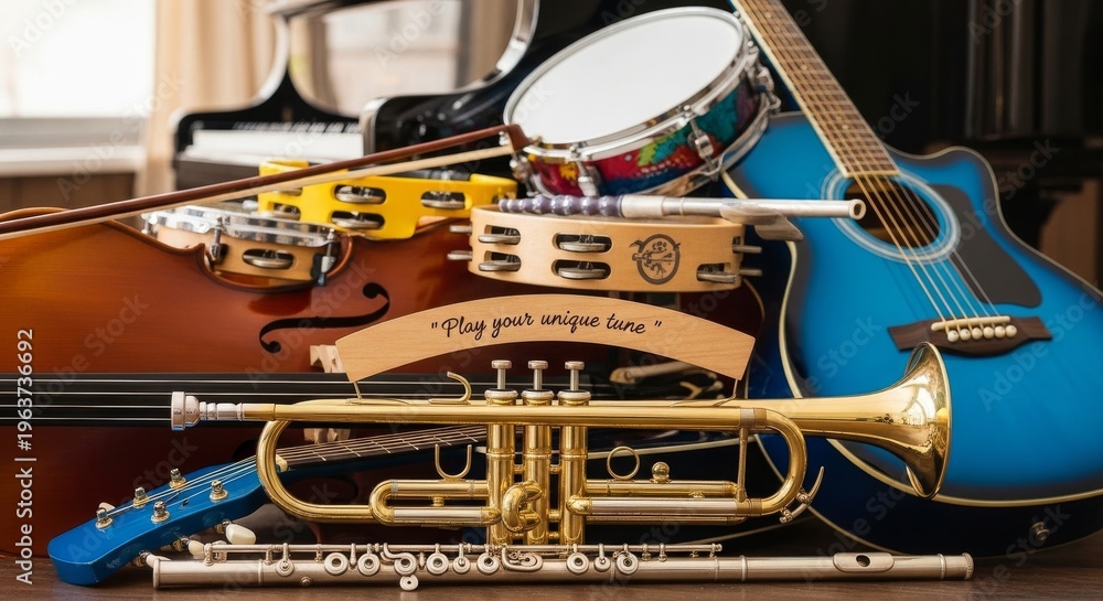 Obraz premium Vibrant Musical Instruments Stacked Together