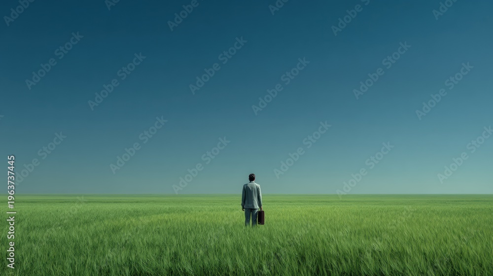 Fototapeta premium Business Person Stands in Green Field Looking at the Horizon With Briefcase in Hand, Illustrating Corporate Sustainability and Green Economy Goals