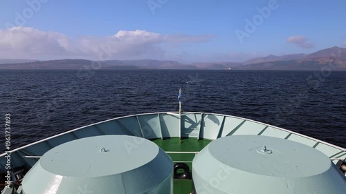 A Scottish ferry makes it way across the Firth of Clyde to Brodick on the Isle of Arran. The Ferry goes from Ardrossan in Ayrshire.