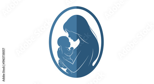 Mother holding baby in blue silhouette.