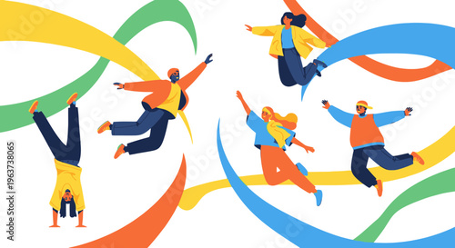 Vibrant illustration of people jumping with colorful ribbons.