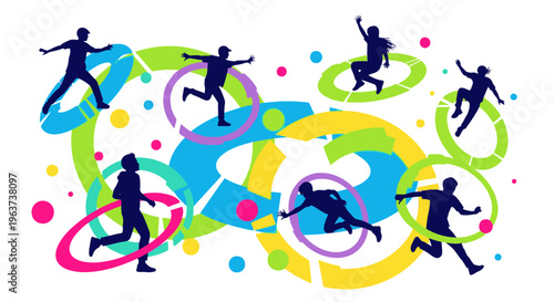 Colorful illustration of people exercising with hula hoops.