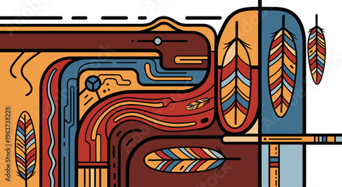 Vibrant abstract feathers and arrows design.