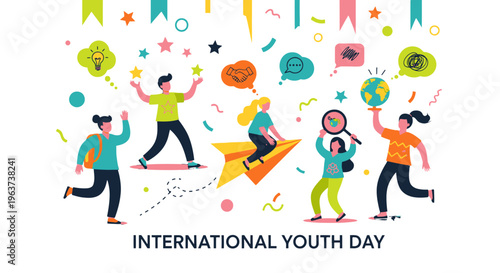 International Youth Day celebration with diverse group of young people.