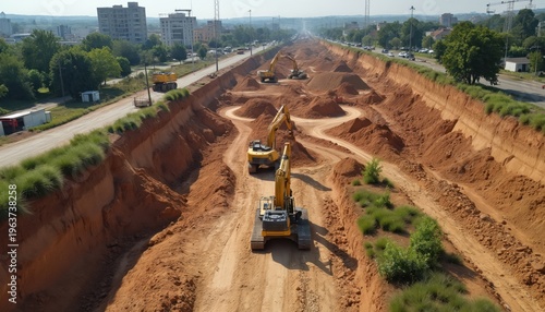 Yellow excavators dig large trench for new pipeline construction in urban area. Heavy machinery moves earth, preparing land for infrastructure development. Workers build road, city expansion.