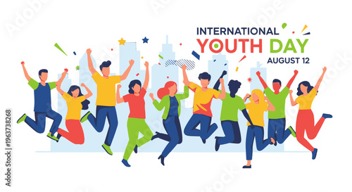 International Youth Day celebration with diverse group of young people jumping.