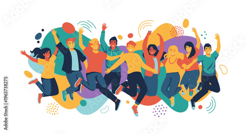 Diverse group of people jumping happily together.