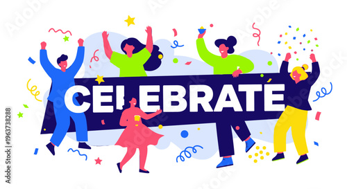 People celebrating with colorful confetti and banners.