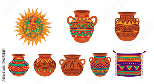 Colorful traditional pottery and sun symbol.