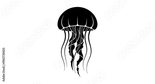 Simple black silhouette of a jellyfish with flowing tentacles, on an isolated white background.