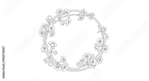 Elegant Floral Wreath with Delicate Flowers and Leaves in a Circular Outline on an Isolated White Background.