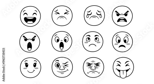 Collection of 12 diverse circular emoji faces showing a wide range of human emotions, on an isolated white background.