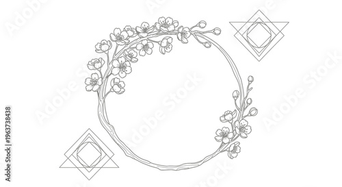 Elegant circular floral frame with cherry blossoms and abstract geometric diamond accents, on an isolated white background.