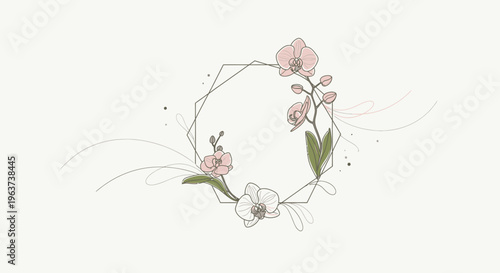 Elegant floral wreath with delicate orchids and green leaves inside a subtle geometric frame, in a bright studio.