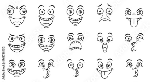 Large set of cartoon emoji face parts with various expressive eyes and mouths, on an isolated white background.
